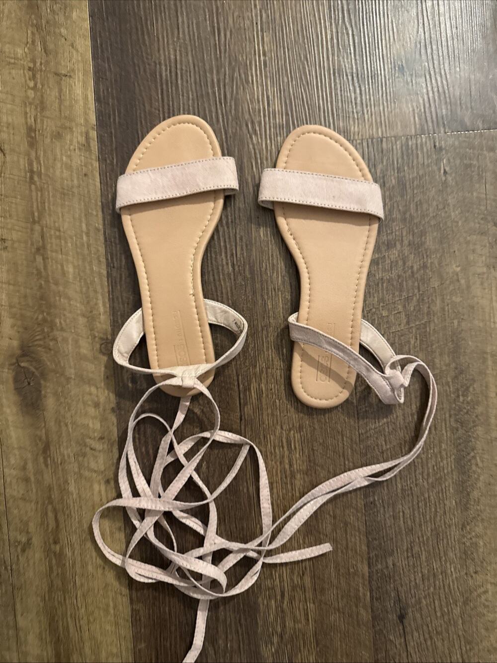 ASOS Ankle Wrap Sandals Womens 7 Beige Flat One Band Open Toe Ribbon Tie